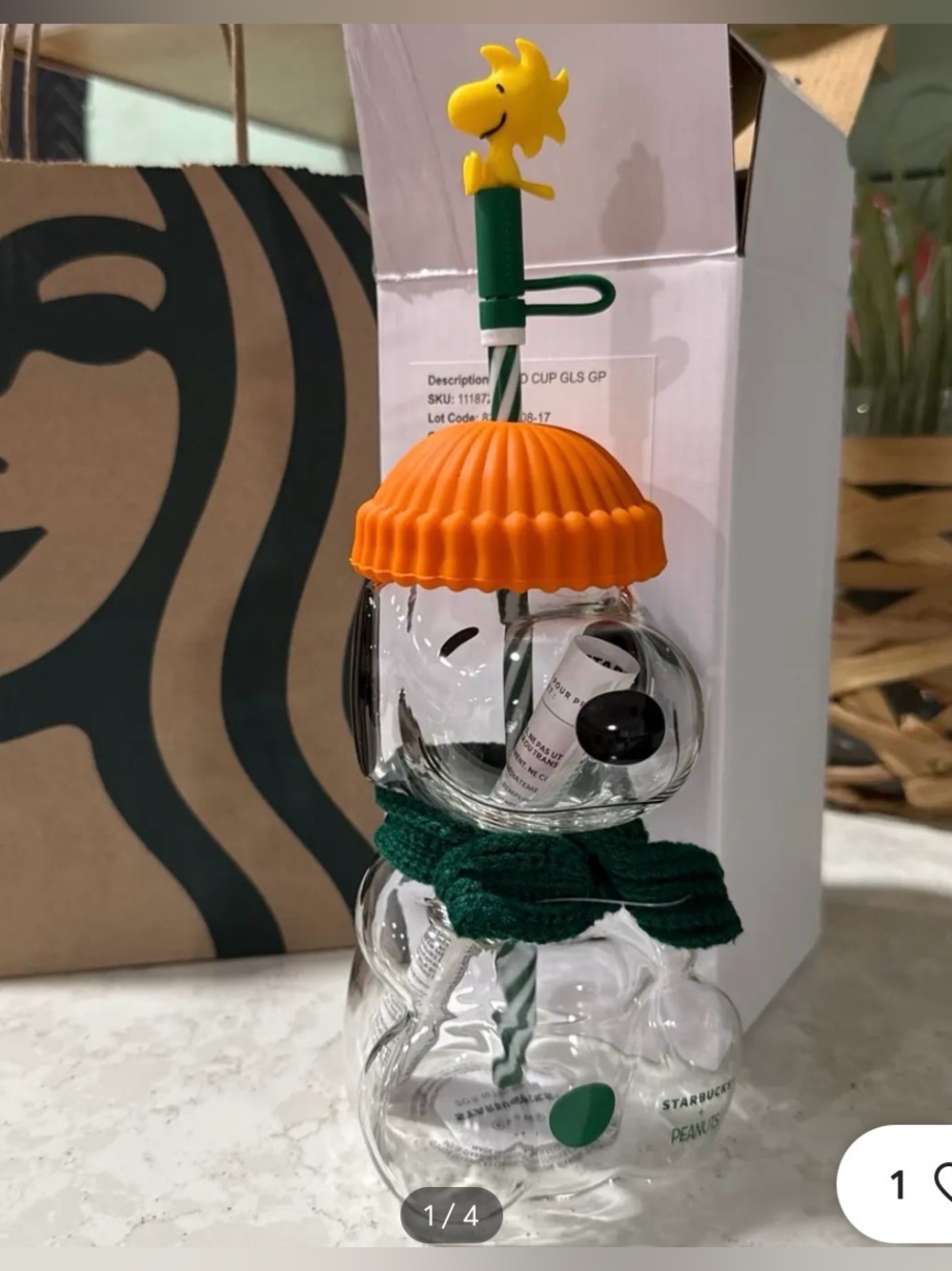 Starbucks Peanuts Glass Snowman Bottle - Orange Hat, Green Scarf